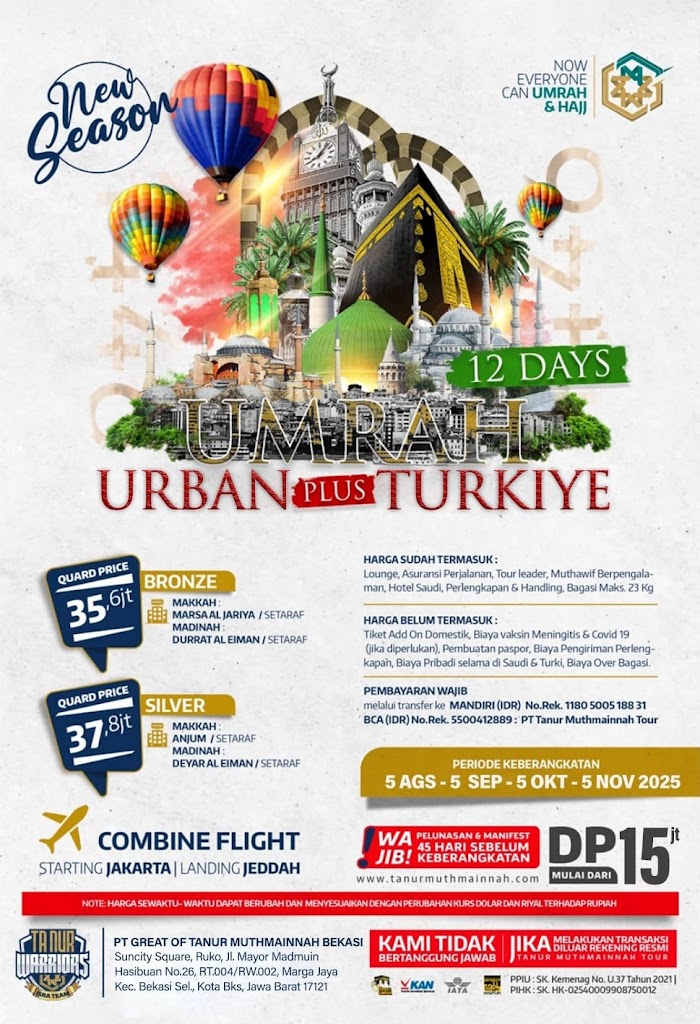 Paket Umroh Plus Turkey 12 hari - 5 Agustus, 5 September, 5 Oktober, 5 November 2025